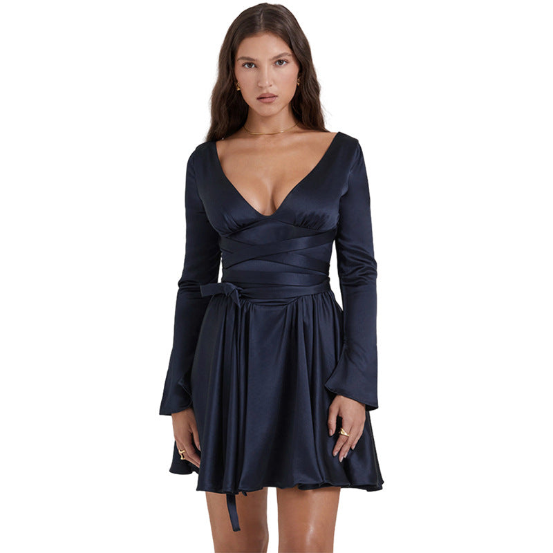 The Mystique — V-Neck Backless Dress with Waist Tie for Effortless Elegance