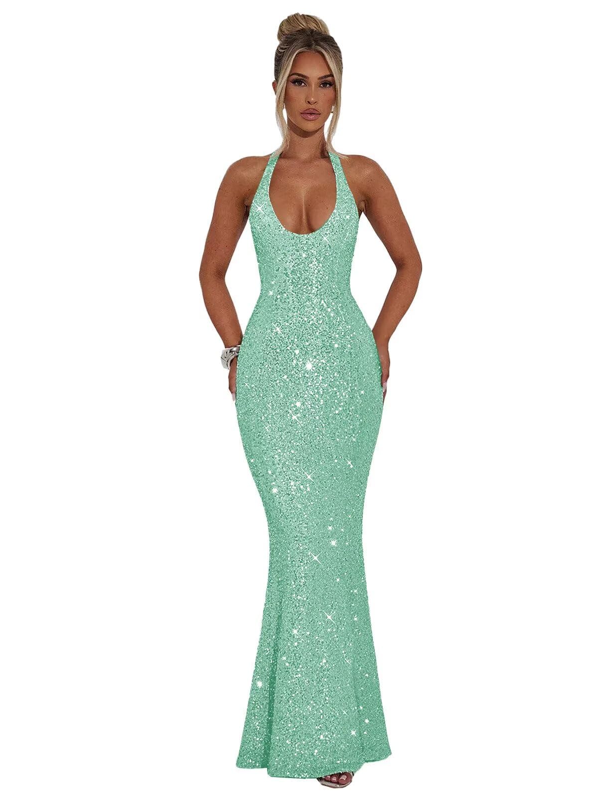 Halter Sequin Prom Dresses for Women Sparkly Corset Mermaid Formal Evening Cocktail Party Gowns Long Dresses for Party