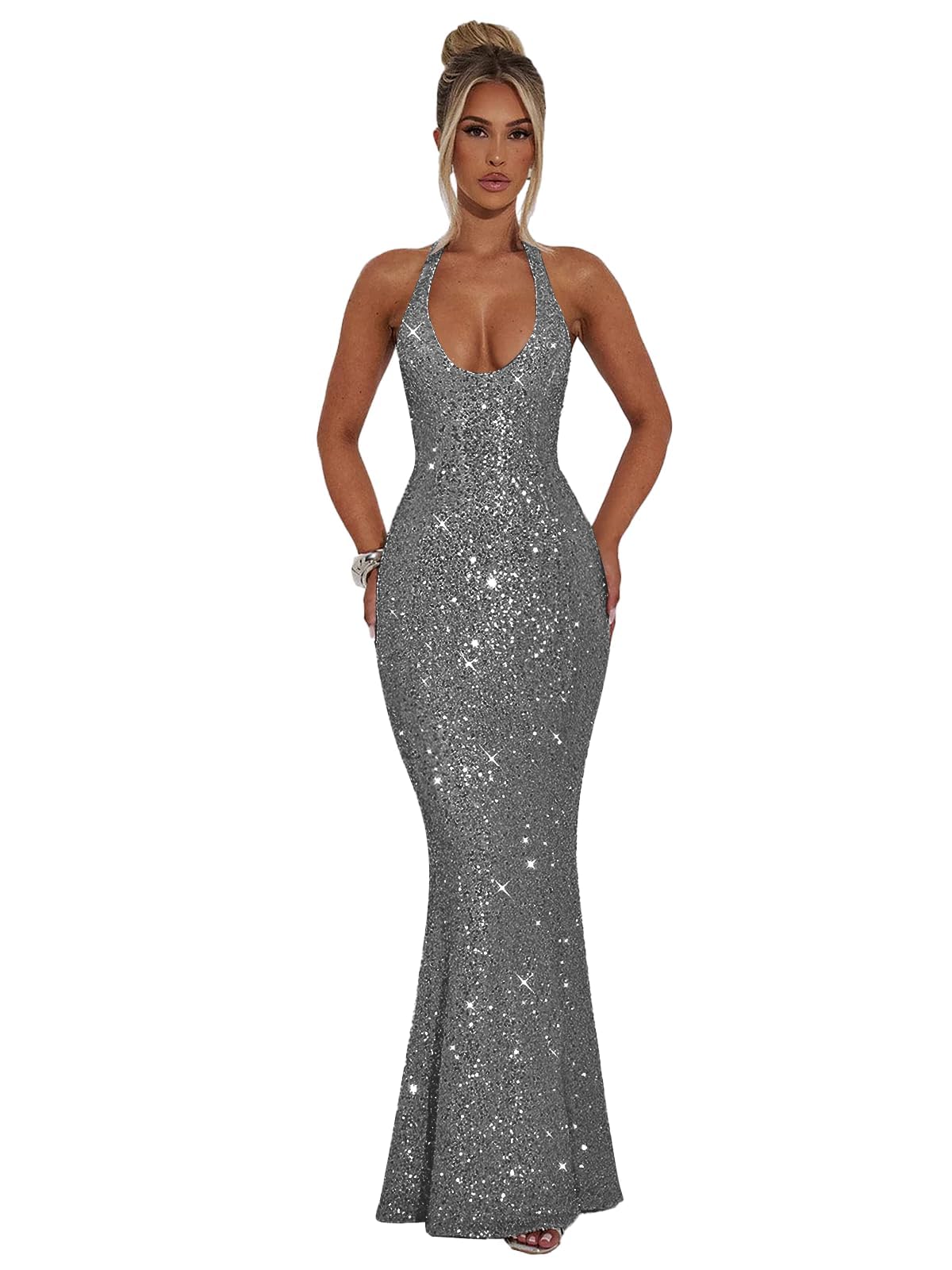 Halter Sequin Prom Dresses for Women Sparkly Corset Mermaid Formal Evening Cocktail Party Gowns Long Dresses for Party