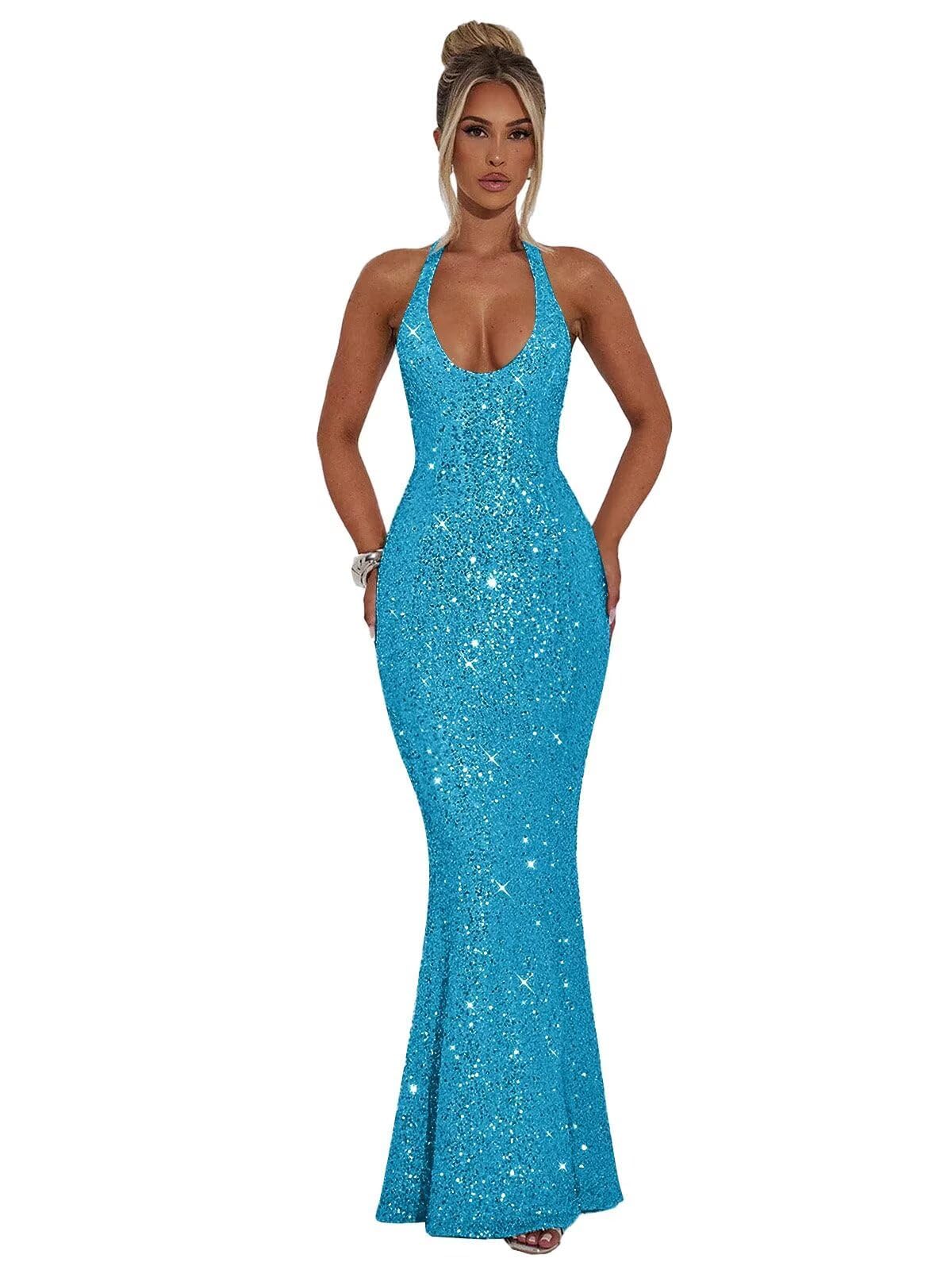 Halter Sequin Prom Dresses for Women Sparkly Corset Mermaid Formal Evening Cocktail Party Gowns Long Dresses for Party