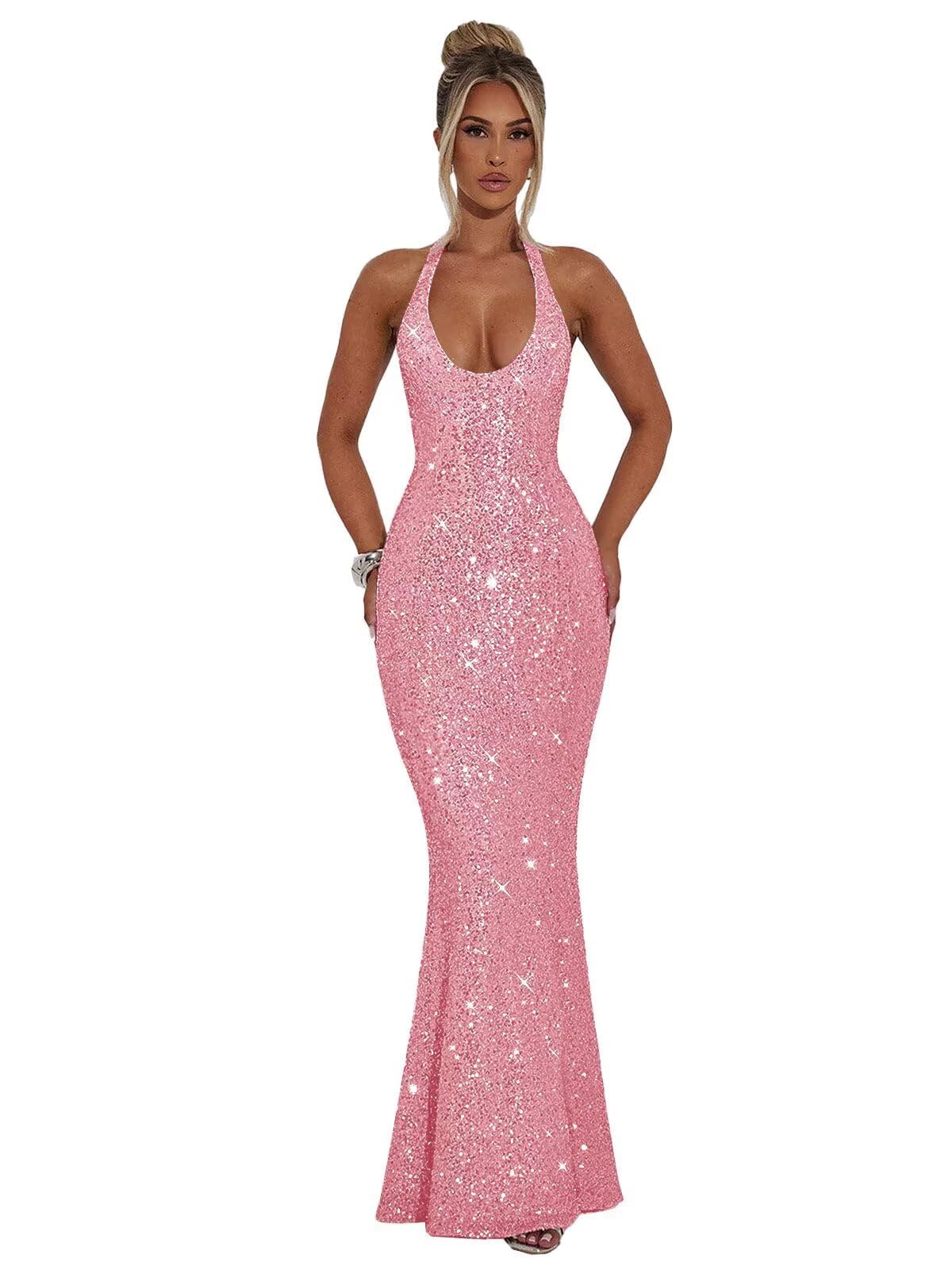 Halter Sequin Prom Dresses for Women Sparkly Corset Mermaid Formal Evening Cocktail Party Gowns Long Dresses for Party