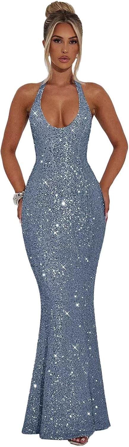 Halter Sequin Prom Dresses for Women Sparkly Corset Mermaid Formal Evening Cocktail Party Gowns Long Dresses for Party