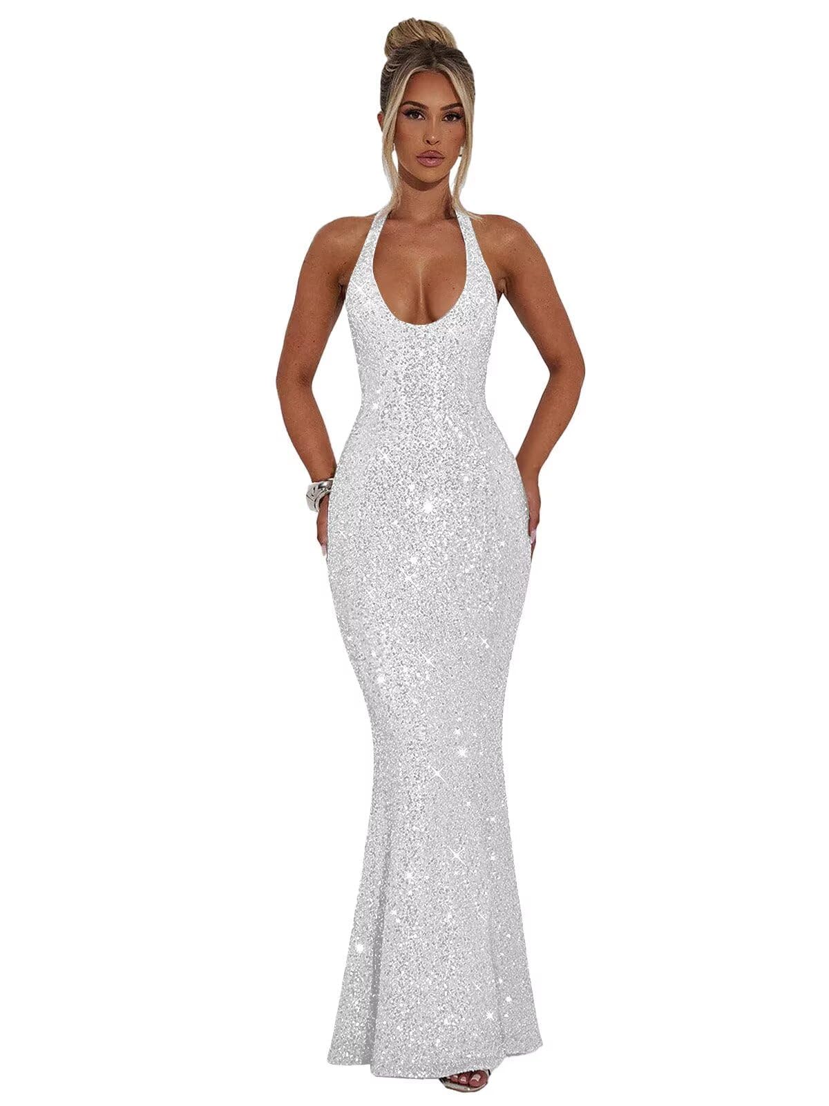 Halter Sequin Prom Dresses for Women Sparkly Corset Mermaid Formal Evening Cocktail Party Gowns Long Dresses for Party