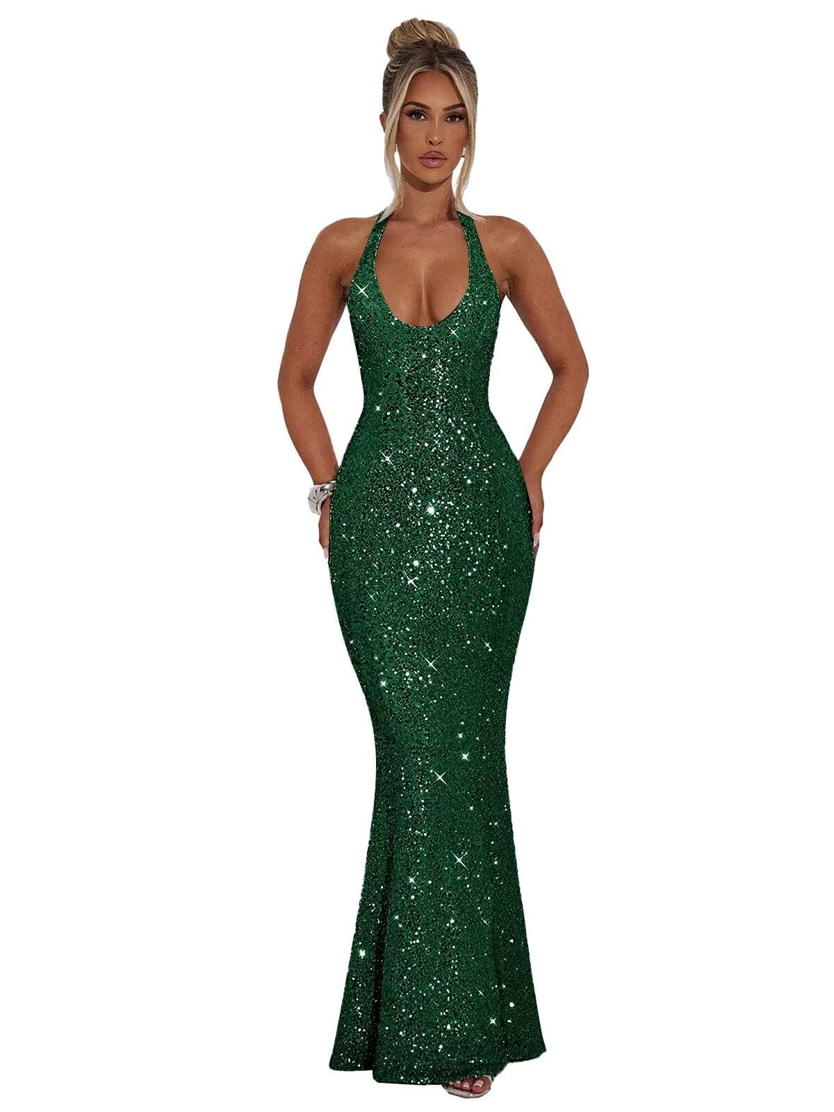 Halter Sequin Prom Dresses for Women Sparkly Corset Mermaid Formal Evening Cocktail Party Gowns Long Dresses for Party