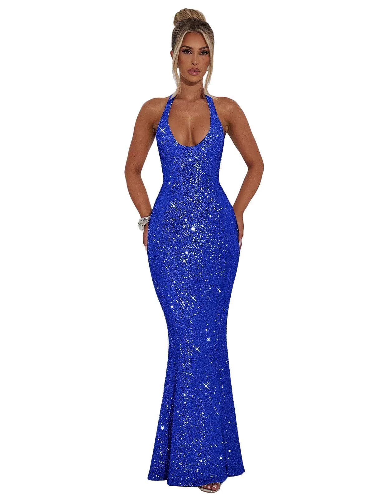 Halter Sequin Prom Dresses for Women Sparkly Corset Mermaid Formal Evening Cocktail Party Gowns Long Dresses for Party
