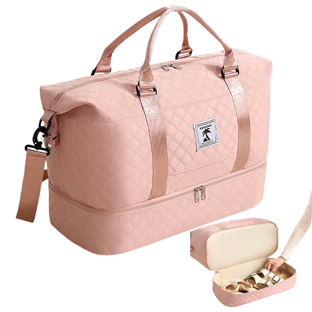Pink Quilted Travel Duffle Bag with Shoe Compartment