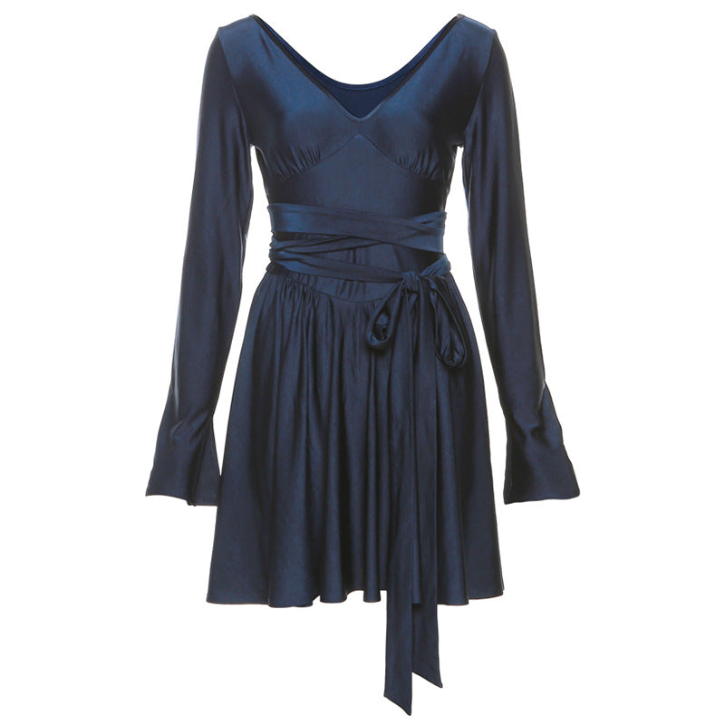 The Mystique — V-Neck Backless Dress with Waist Tie for Effortless Elegance
