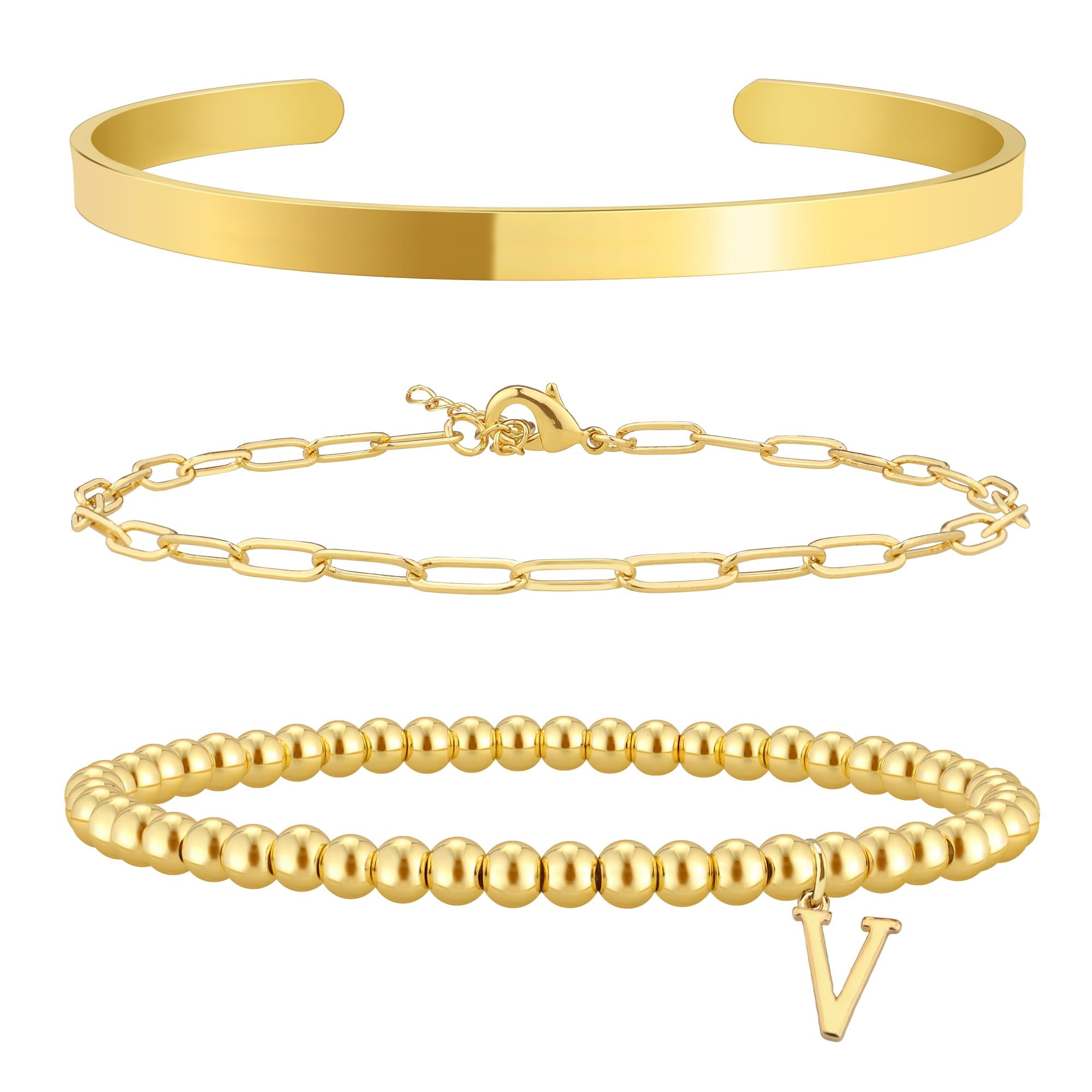 Gold Initial Bracelets Stack for Women - 14K Gold Plated, Non Tarnish