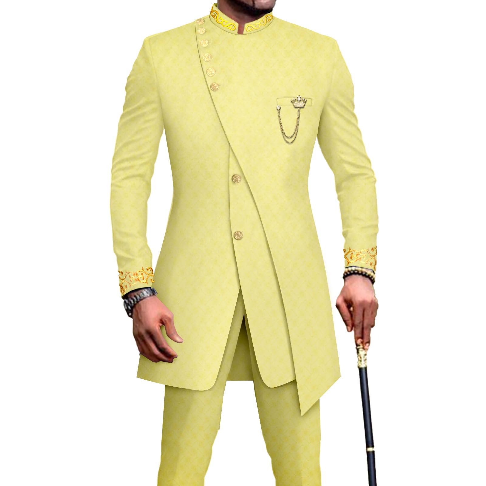 Men’s Slim-Fit Double-Breasted Dashiki Suit Set – Light Yellow