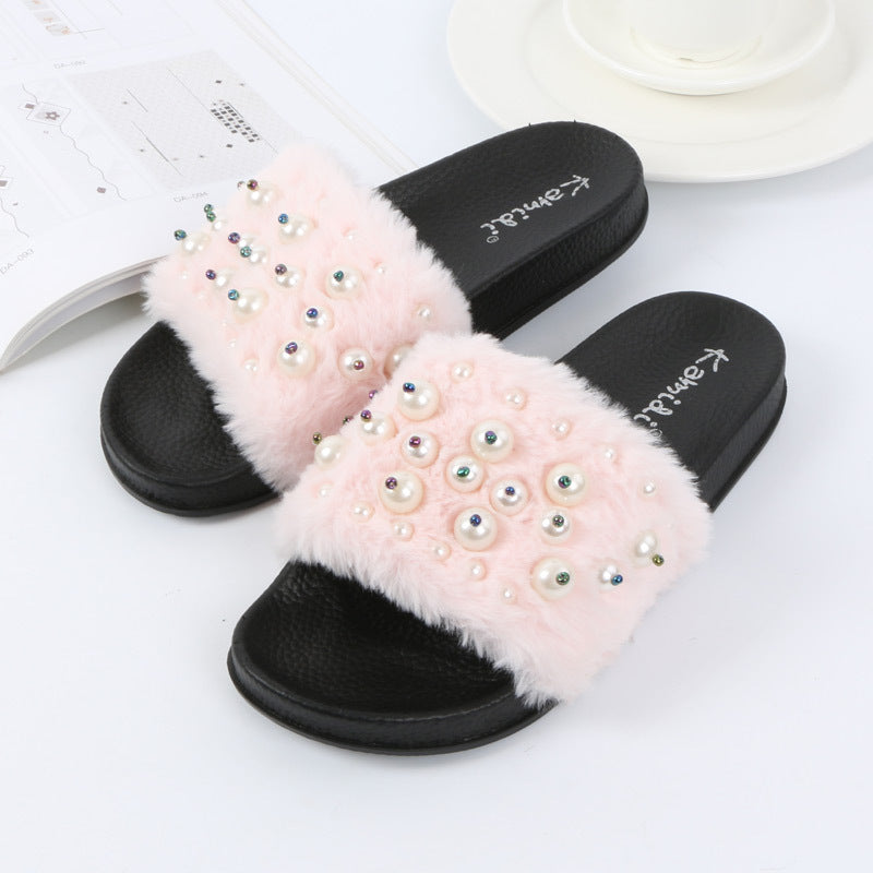 Women's Pearl Detail Fur Slip-On Shoes